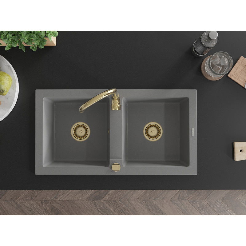 Mexen Mario granitový drez 2-komorový 820 x 436 mm, sivý, sifón zlatý - 6504822000-71-G