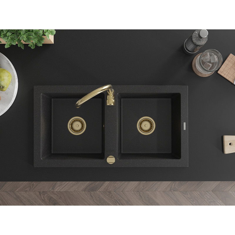 Mexen Mario granitový drez 2-komorový 820 x 436 mm, čierny/strieborný metalik, zlatý sifón - 6504822000-73-G