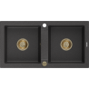 Mexen Mario granitový kuchynský drez 2-komorový 820 x 436 mm, čierny bodkovaný, sifón zlatý - 6504822000-76-G