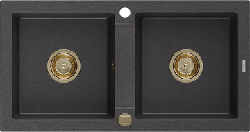 Mexen Mario granitový kuchynský drez 2-komorový 820 x 436 mm, čierny bodkovaný, sifón zlatý - 6504822000-76-G
