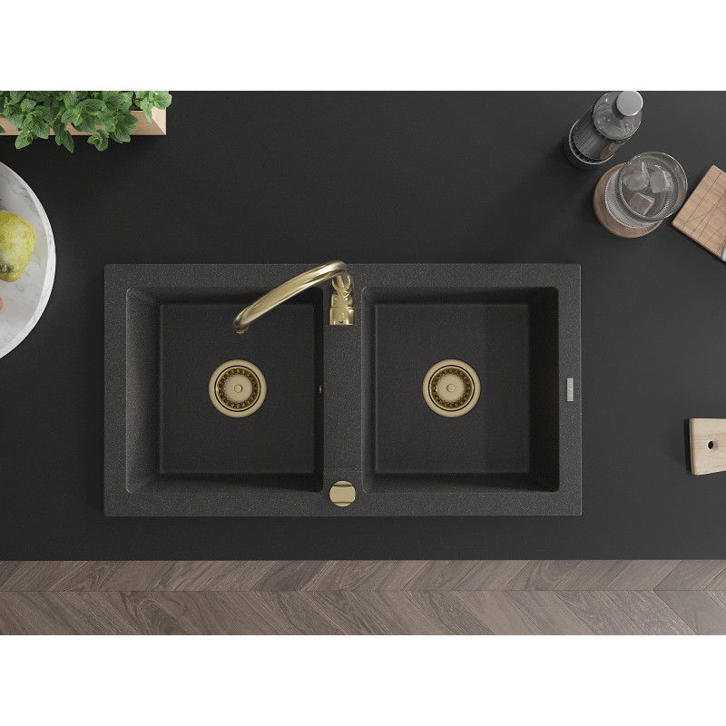 Mexen Mario granitový kuchynský drez 2-komorový 820 x 436 mm, čierny bodkovaný, sifón zlatý - 6504822000-76-G