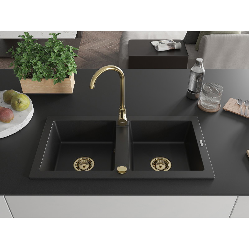Mexen Mario Granitový drez s dvoma komorami 820 x 436 mm, čierny, zlatý sifón - 6504822000-77-G