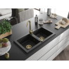 Mexen Mario Granitový drez s dvoma komorami 820 x 436 mm, čierny, zlatý sifón - 6504822000-77-G