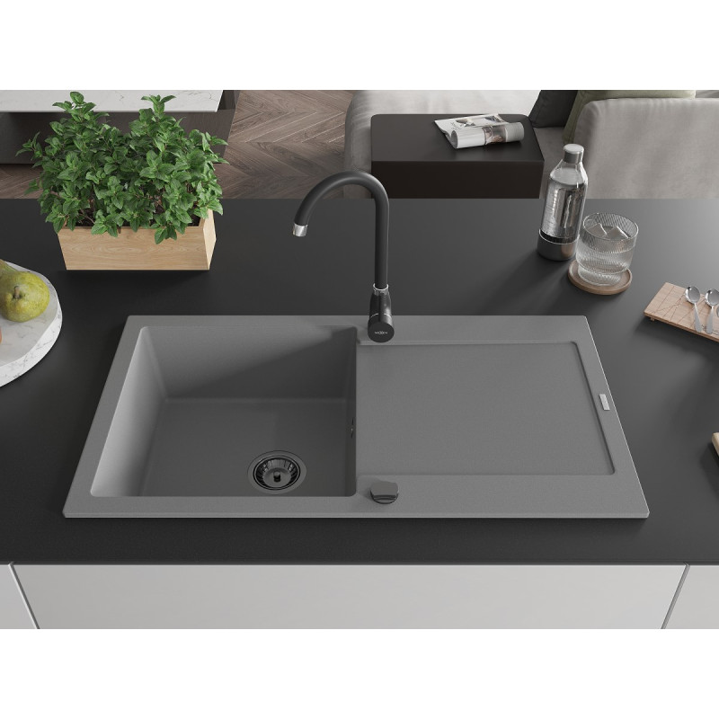 Mexen Leo granitový drez 1-komorový s odkvapkávačom 900 x 500 mm, sivý, čierny sifón - 6501901010-71-B