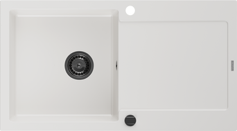 Mexen Leo granitový kuchynský drez s 1 komorou a odkvapkávačom 900 x 500 mm, biely, čierny sifón - 6501901010-20-B