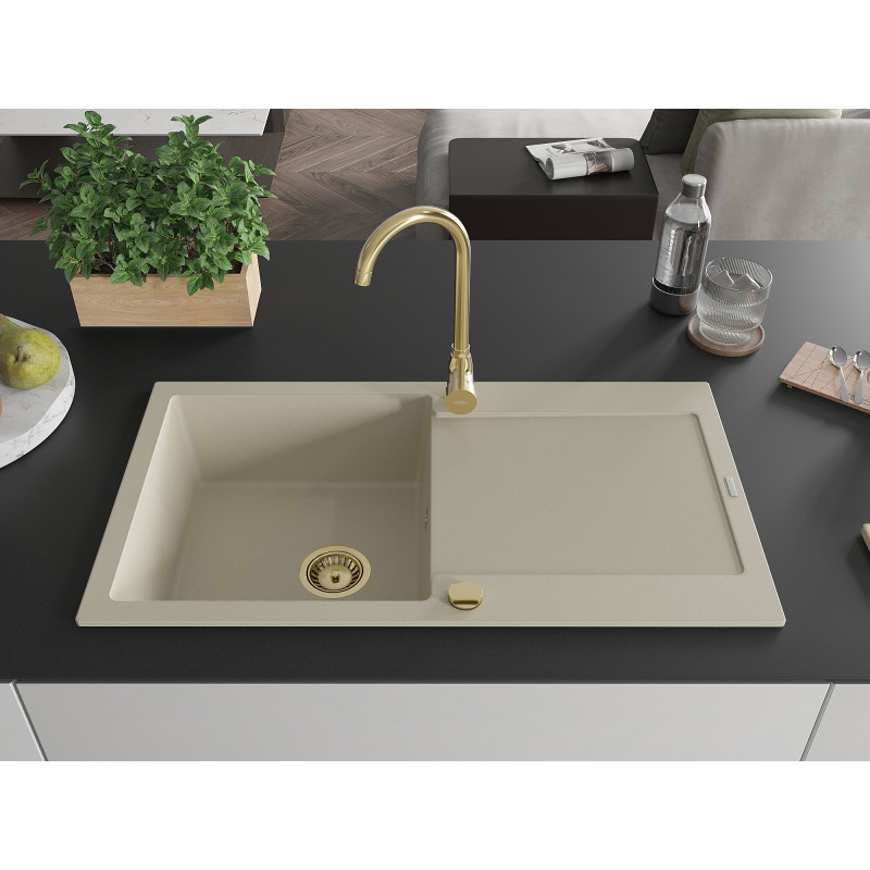 Mexen Leo granitový drez 1-komorový s odkvapkávačom 900 x 500 mm, béžový, sifón zlatý - 6501901010-69-G