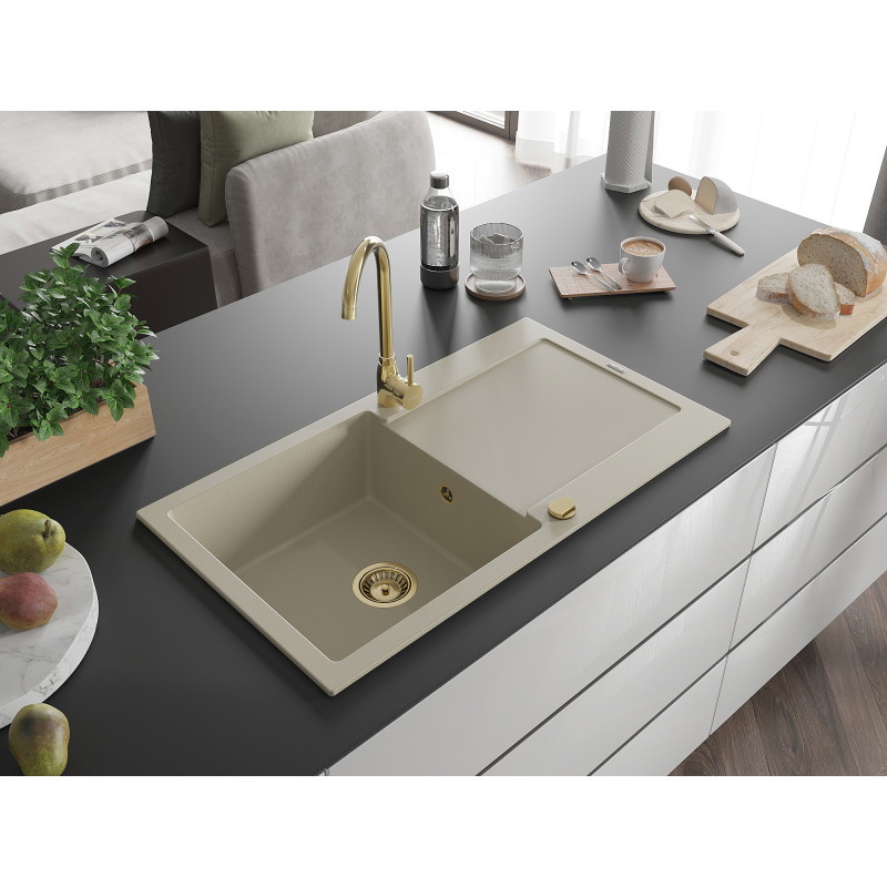 Mexen Leo granitový drez 1-komorový s odkvapkávačom 900 x 500 mm, béžový, sifón zlatý - 6501901010-69-G