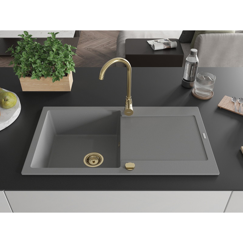 Mexen Leo granitový drez 1-komorový s odkvapkávačom 900 x 500 mm, sivý, zlatý sifón - 6501901010-71-G