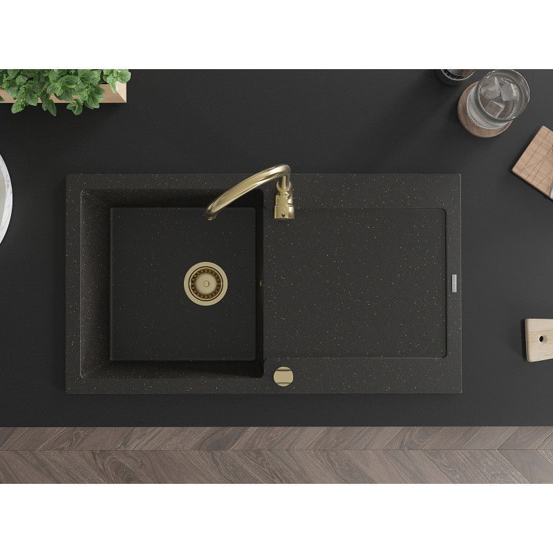 Mexen Leo žulový kuchynský drez 1-komorový s odkvapkávačom 900 x 500 mm, čierny/zlatý metalik, sifón zlatý - 6501901010-75-G
