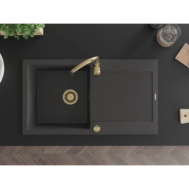 Mexen Leo žulový drez s 1 komorou a odkladacou plochou 900 x 500 mm, čierny s bodkami, sifón zlatý - 6501901010-76-G