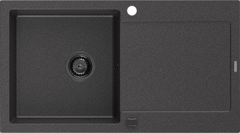 Mexen Leo žulový kuchynský drez 1-komorový s odkladacou plochou 900 x 500 mm, čierno bodkovaný, čierny sifón - 6501901010-76-B