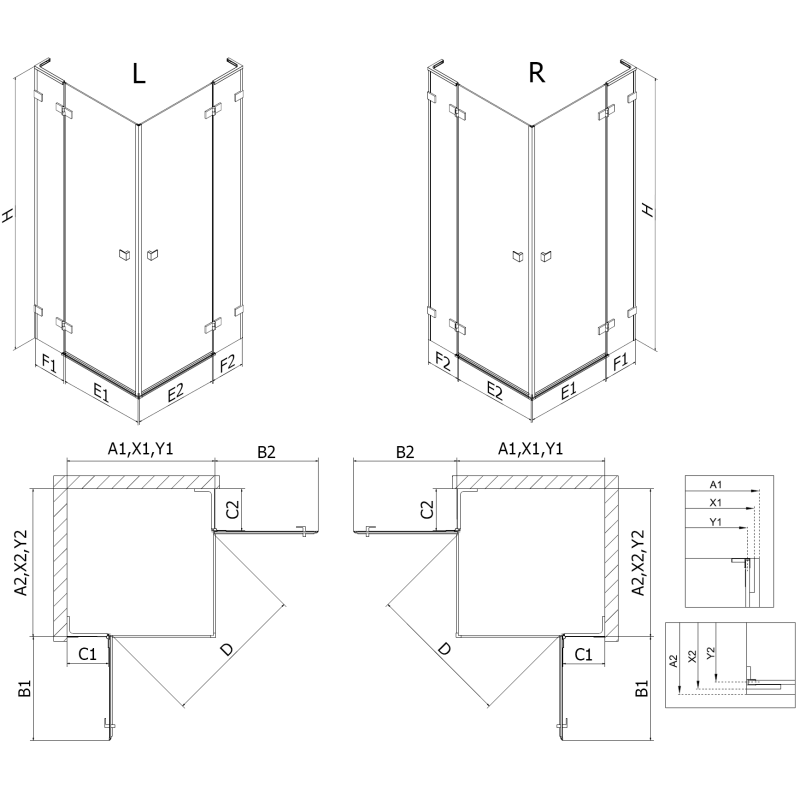 Mexen Lunar L Duo sprchová kabína s pravou otváracou 90 x 85 cm, transparentná, zlatá - 834L-090P-085L-50-00