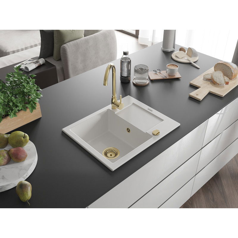 Mexen Enzo žulový kuchynský drez 1-komorový s odkvapkávačom 576 x 465 mm, biely, sifón zlatý - 6506571005-20-G