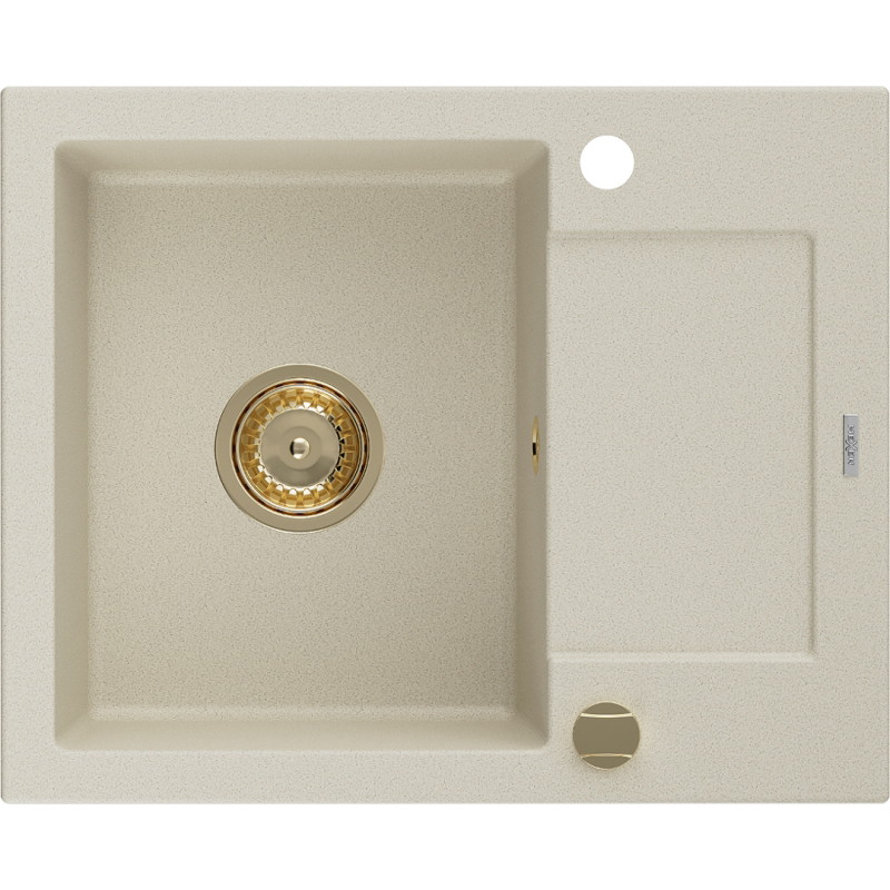 Mexen Enzo granitový drez 1-komorový s odkvapkávacou plochou 576 x 465 mm, béžový, sifón zlatý - 6506571005-69-G