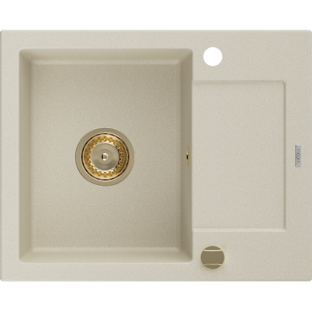 Mexen Enzo granitový kuchynský drez 1-komorový s odkvapkávačom 576 x 465 mm, béžový, sifón zlatý - 6506571005-69-G
