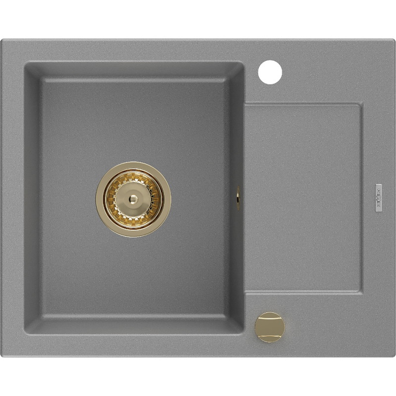 Mexen Enzo granitový drez 1-komorový s odkvapkávačom 576 x 465 mm, sivý, zlatý sifón - 6506571005-71-G