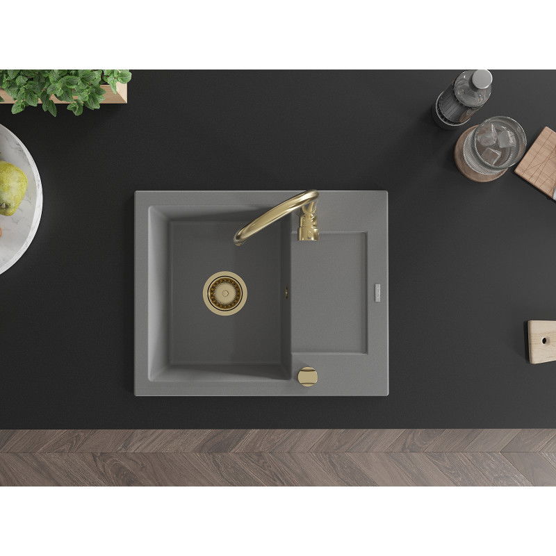 Mexen Enzo kuchynský drez z granitu, 1-komorový s odkvapkávačom 576 x 465 mm, šedý, sifón zlatý - 6506571005-71-G