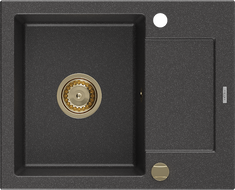 Mexen Enzo žulový kuchynský drez s 1 komorou a odkvapkávačom 576 x 465 mm, čierny postriekaný, zlatený sifón - 6506571005-76-G