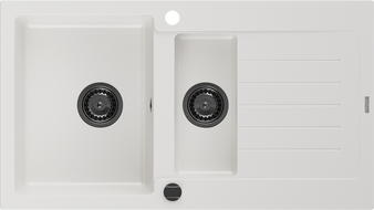 Mexen Matias žulový kuchynský drez 1,5-komorový s odkvapkávačom 900 x 505 mm, biely, čierny sifón - 6502901505-20-B