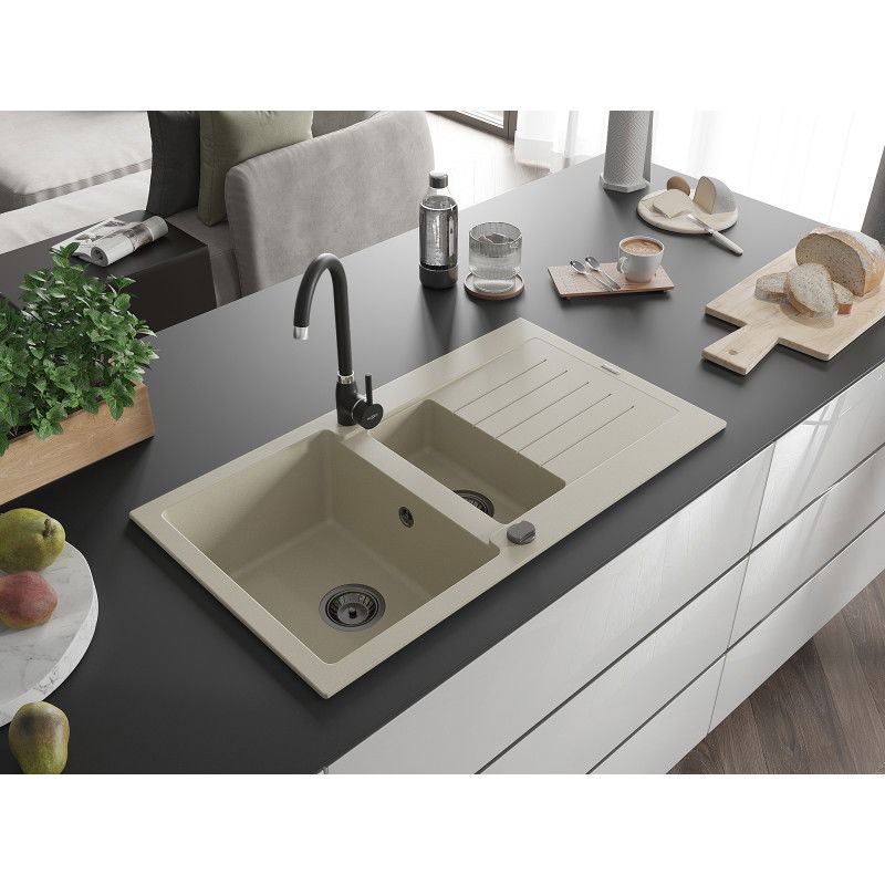 Mexen Matias granitový drez 1,5-komorový s odkvapkávačom 900 x 505 mm, béžový, čierny sifón - 6502901505-69-B