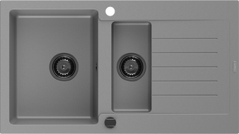 Mexen Matias granitový drez 1,5-komorový s odkvapkávačom 900 x 505 mm, sivý, čierny sifón - 6502901505-71-B