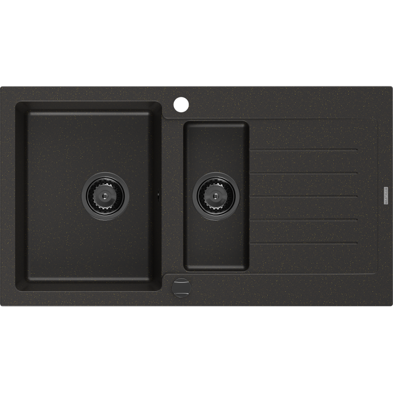 Mexen Matias granitový drez 1,5-komorový s odkvapkávačom 900 x 505 mm, čierny/zlatý metalický, čierny sifón