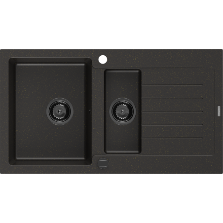Mexen Matias granitový drez 1,5-komorový s odkvapkávačom 900 x 505 mm, čierny/zlatý metalický, čierny sifón