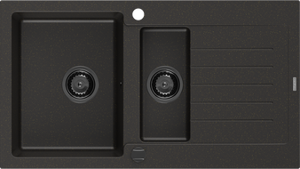 Mexen Matias granitový drez 1,5-komorový s odkvapkávačom 900 x 505 mm, čierny/zlatý metalický, čierny sifón