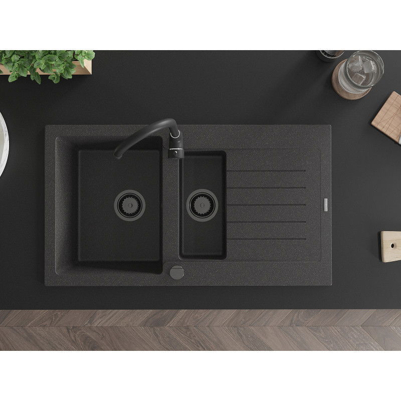Mexen Matias žulový drez 1,5-komorový s odkvapkávačom 900 x 505 mm, čierny s bodkami, čierny sifón - 6502901505-76-B