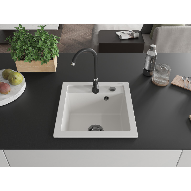 Mexen Vito granitový drez s 1 komorou 520 x 490 mm, biely, čierny sifón - 6503521000-20-B