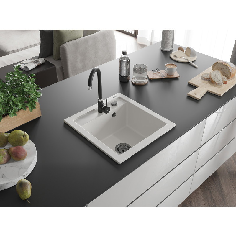 Mexen Vito granitový drez s 1 komorou 520 x 490 mm, biely, čierny sifón - 6503521000-20-B