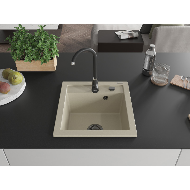 Mexen Vito Granitový drez 1-komorový 520 x 490 mm, béžový, čierny sifón - 6503521000-69-B