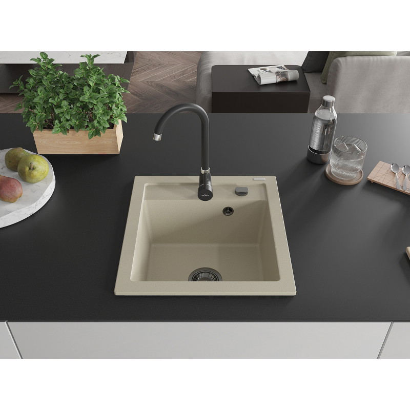 Mexen Vito granitový kuchynský drez 1-komorový 520 x 490 mm, béžový, čierny sifón - 6503521000-69-B