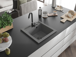 Mexen Vito granitový jednokomorový drez 520 x 490 mm, Šedá, Sifón Čierna - 6503521000-71-B