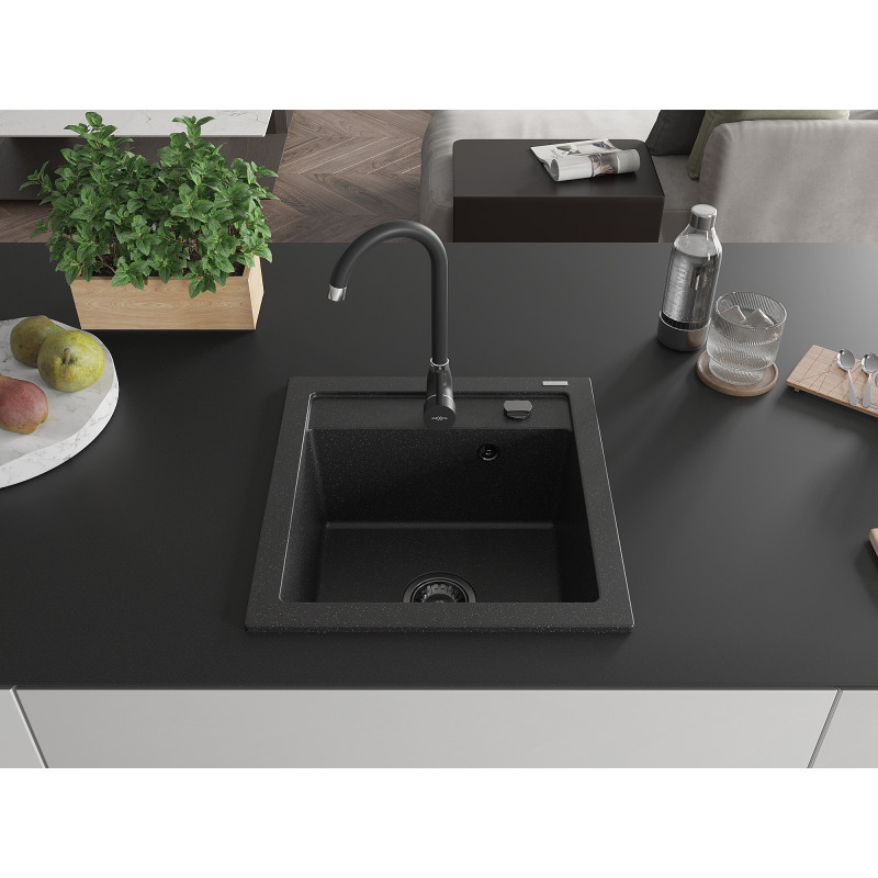 Mexen Vito granitový drez s jednou komorou 520 x 490 mm, čierny/strieborný metalický, čierny sifón - 6503521000-73-B