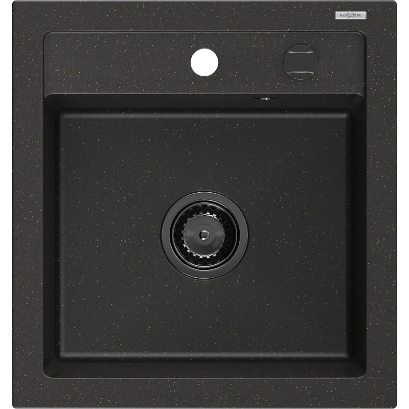 Mexen Vito granitový drez s 1 komorou 520 x 490 mm, čierny/zlatý metalíza, čierny sifón - 6503521000-75-B