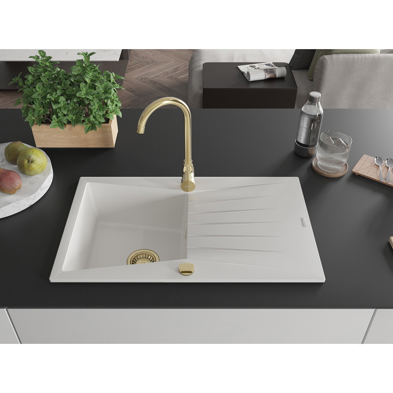 Mexen Cesar granitový drez 1-komorový s odkvapkávačom 775 x 470 mm, biely, sifón zlatý - 6514771010-20-G