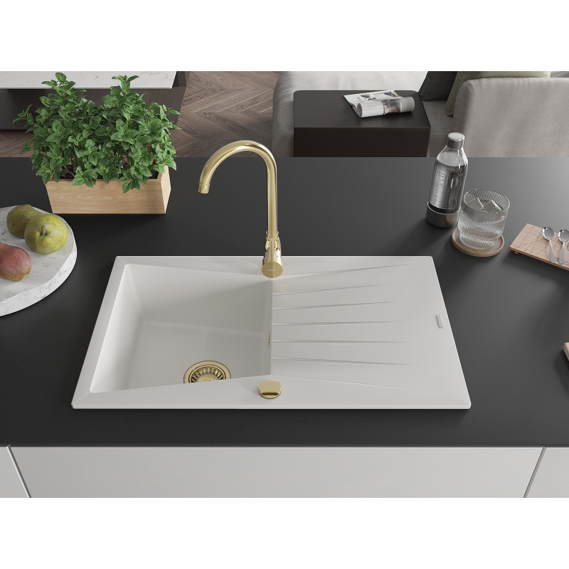 Mexen Cesar granitový drez s 1 komorou a odkvapkávačom 775 x 470 mm, biely, zlatý sifón - 6514771010-20-G