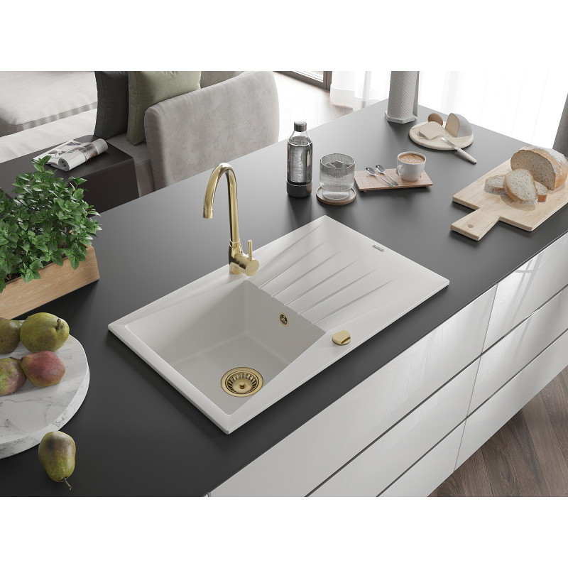 Mexen Cesar granitový drez 1-komorový s odkvapkávačom 775 x 470 mm, biely, sifón zlatý - 6514771010-20-G