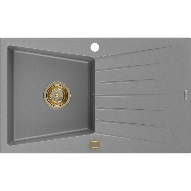 Mexen Cesar žulový kuchynský drez 1-komorový s odkvapkávačom 775 x 470 mm, sivý, sifón zlatý - 6514771010-71-G