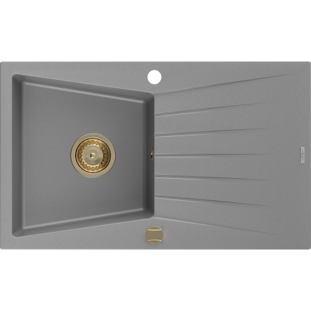 Mexen Cesar žulový kuchynský drez 1-komorový s odkvapkávačom 775 x 470 mm, sivý, sifón zlatý - 6514771010-71-G