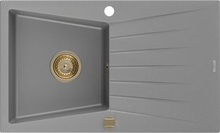 Mexen Cesar žulový kuchynský drez 1-komorový s odkvapkávačom 775 x 470 mm, sivý, sifón zlatý - 6514771010-71-G