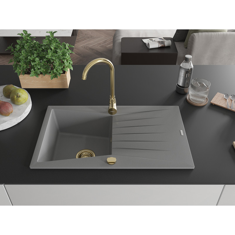 Mexen Cesar žulový granitový drez 1-komorový s odkladacou plochou 775 x 470 mm, sivý, zlatý sifón - 6514771010-71-G