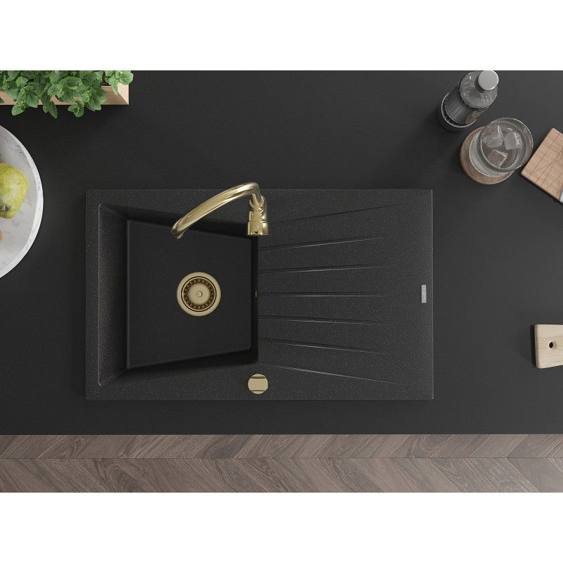 Mexen Cesar žulový drez 1-komorový s odkvapkávačom 775 x 470 mm, čierny/strieborný metalik, zlatý sifón - 6514771010-73-G