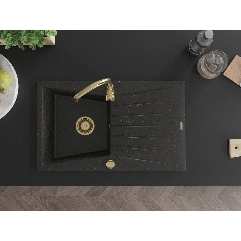 Mexen Cesar granitový drez 1-komorový s odkvapkávačom 775 x 470 mm, čierny/zlatý metalík, zlatý sifón - 6514771010-75-G