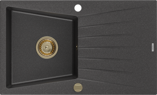 Mexen Cesar granitový drez 1-komorový s odkvapkávačom 775 x 470 mm, čierny s fŕkanicami, zlatý sifón - 6514771010-76-G