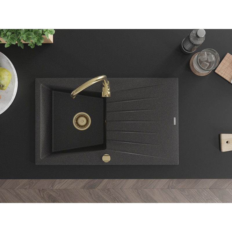 Mexen Cesar granitový drez 1-komorový s odkvapkávačom 775 x 470 mm, čierny s fŕkanicami, zlatý sifón - 6514771010-76-G