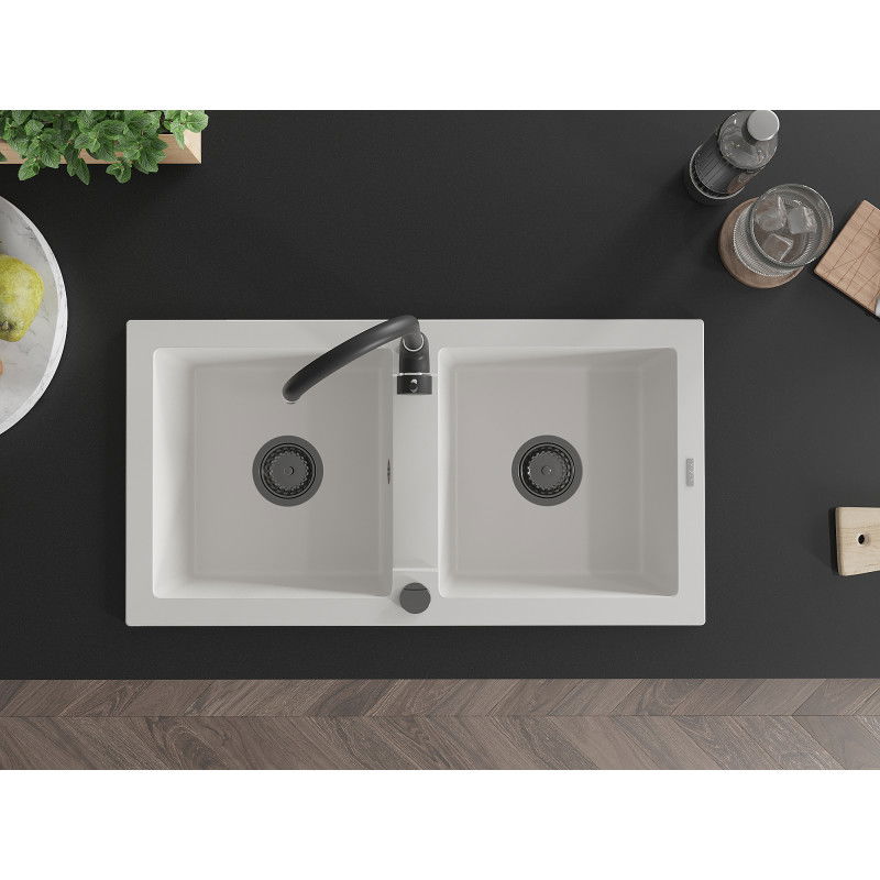 Mexen Mario granitový drez 2-komorový 820 x 436 mm, biely, čierny sifón - 6504822000-20-B