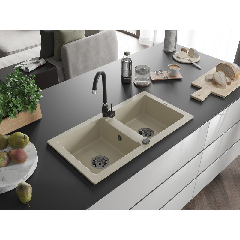 Mexen Mario granitový drez s dvoma komorami 820 x 436 mm, béžový, čierny sifón - 6504822000-69-B