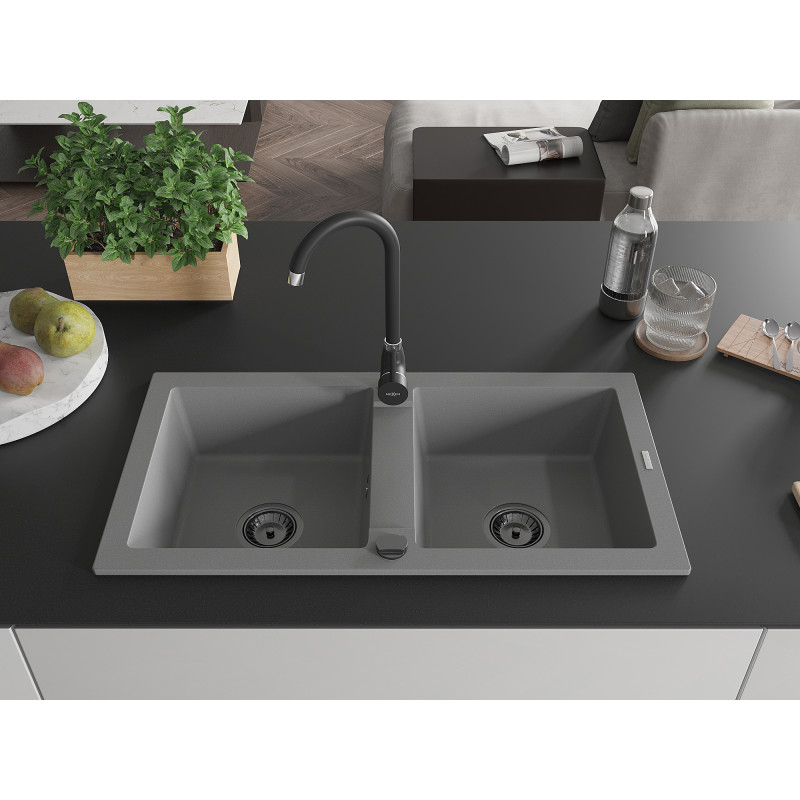 Mexen Mario granitový drez s 2 komorami 820 x 436 mm, sivý, čierny sifón - 6504822000-71-B